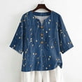 thumbnail image 5 of Boho Floral V Neck T Shirts for Women Cotton Linen 3/4 Sleeve Summer Beach Casual Tops #03Navy S, 5 of 6