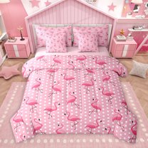 Homewish Pink Flamingo Animal Bedding Comforter Set 7 Pieces for Female, Chic Fashion Polkadots Full Bedding Set, Kawaii cartoon Reversible Fitted Sheet Flat Sheet, Lightweight Room Decor