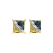 Golden Star 10kt Yellow Gold Mens Round Blue Color Enhanced Diamond Square Kite Earrings 1/20 Cttw