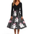 thumbnail image 4 of Halloween Dresses for Women Ghost Spider Long Sleeve Hepburn 1950s Cute Dress V Neck Cocktail Vintage Casual Dresses with Belt L, 4 of 5