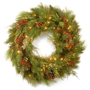 National Tree Company Pre-Lit Artificial Christmas Wreath, Green, Pine, Red Berry Clusters, Pine Cones, 100 Warm White LED Lights, Battery Operated, 30 Inch