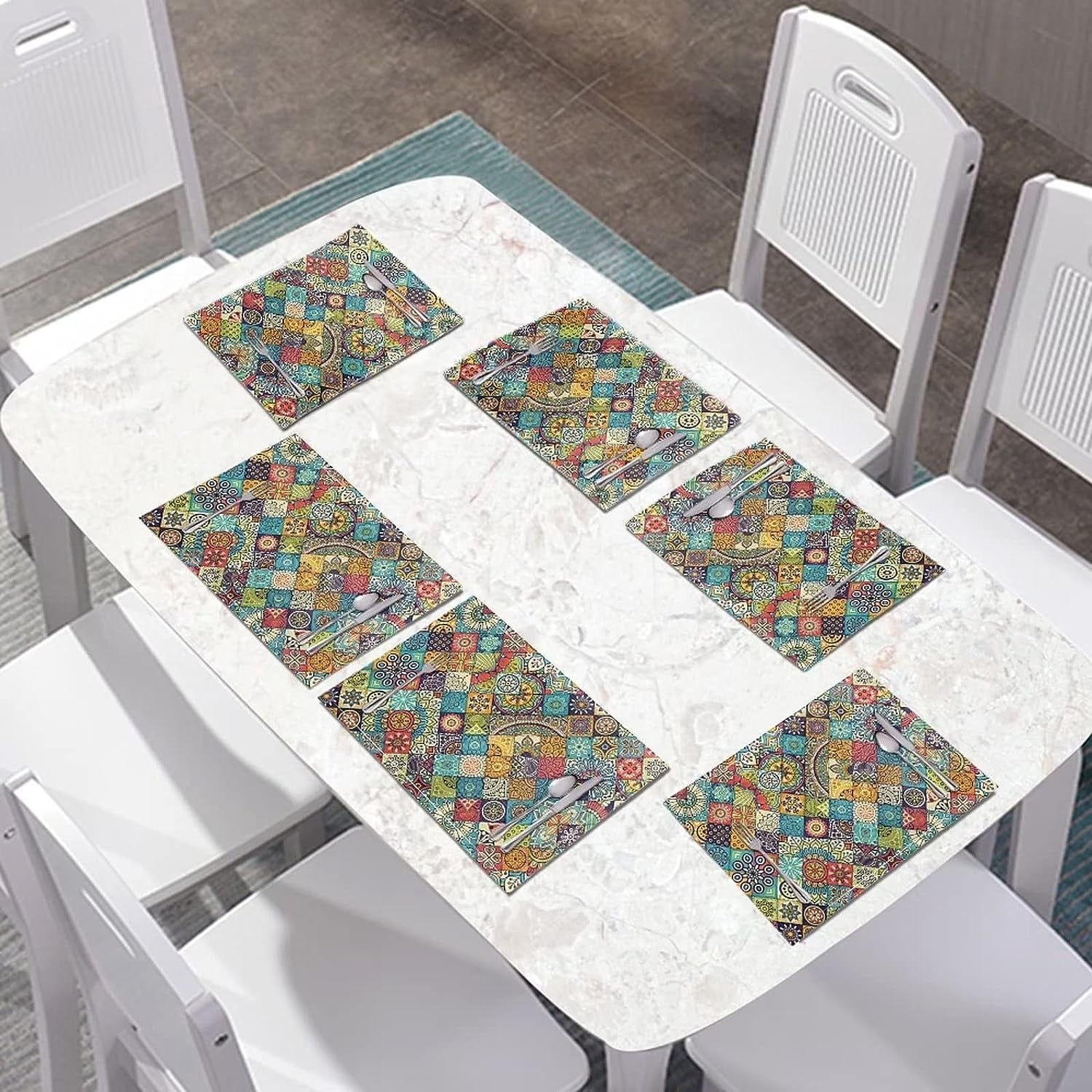 6 PCS Washable Tablemats for Home Farmhouse Beach, Easy to Clean Foldable Heat Resistant linen Weave Rectangle Table Mats, Bohemian Style