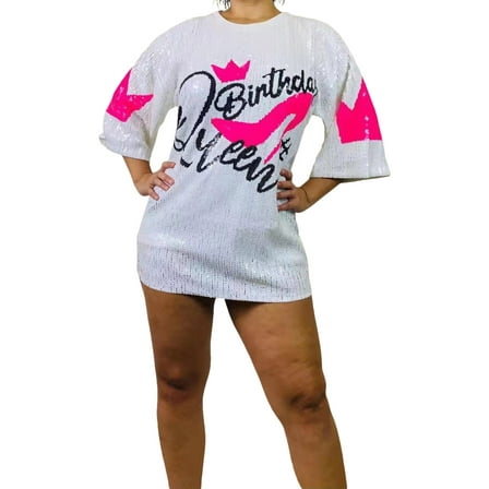 2Chique Boutique Women's Sequin T Shirt Dress White and Pink Birthday Queen with Pink Heels and Crown One Size Fits All