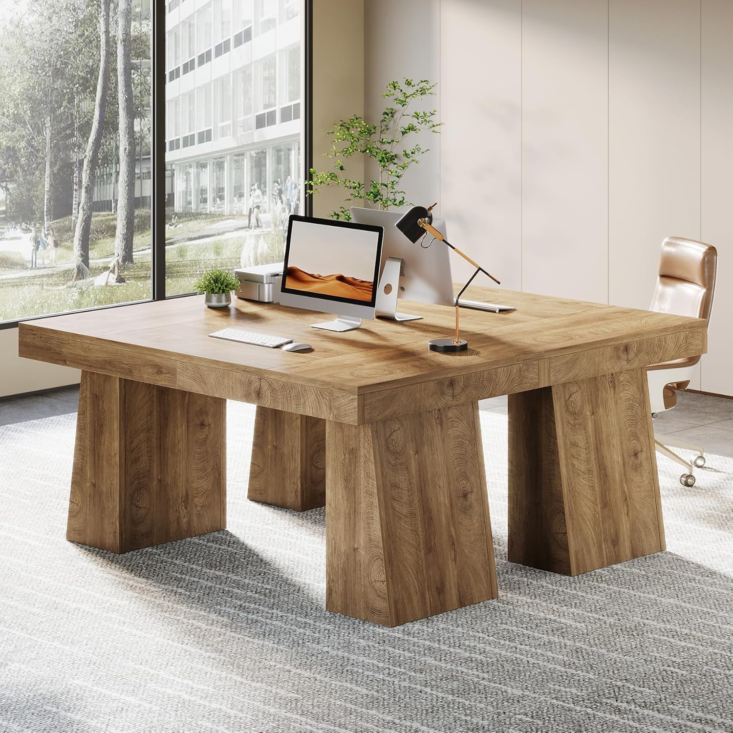 Finmind Large Wood Executive Desk, 55" Rectangle Office Desk with Double Pedestal, Modern Minimalist Computer Desk Workstations Conference Table Furniture for Home Office(Light Brown)