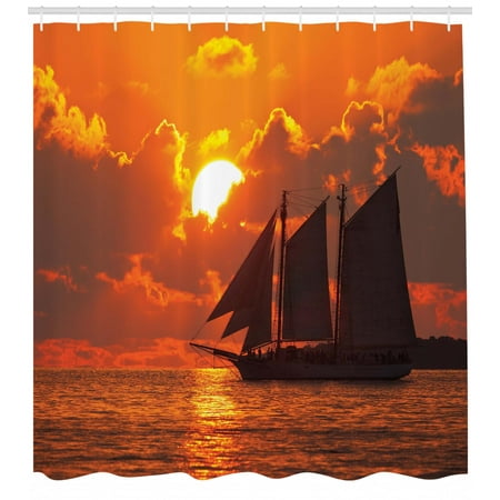 Tropical Fabrics Key West Sailboat Shower Curtain, A Boat Sailing in Front of a Sunset in Key West Florida Sundown Tropical, Fabric Bathroom Set with Hooks, Orange Dark Orange, by Ambesonne ()