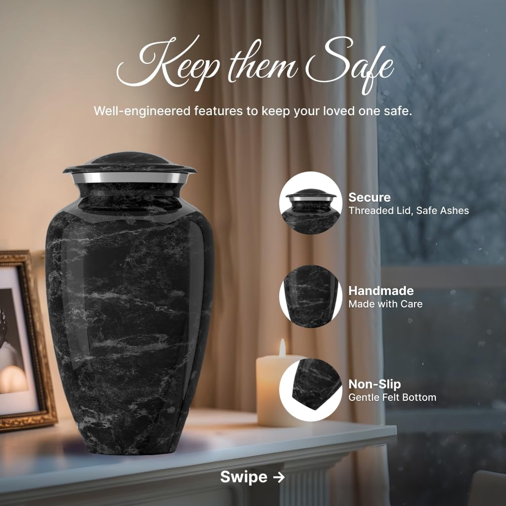 Set of 6 Cremation Urns for Human Ashes Includes 1 Large Urn with 4 Small Keepsakes & 1 Silver Necklace - Black Marble