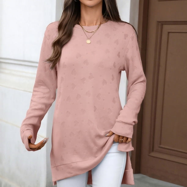 Heisall Women's Autumn Winter Tops Long Sleeve Solid Color Jacquard Pattern Round Neck Loose Split Hem Casual Fashion Blouses