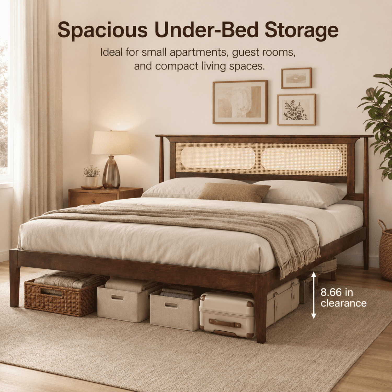 Miniyam King Bed Frame with PE Rattan Headboard, Pine Platform Bed, Walnut