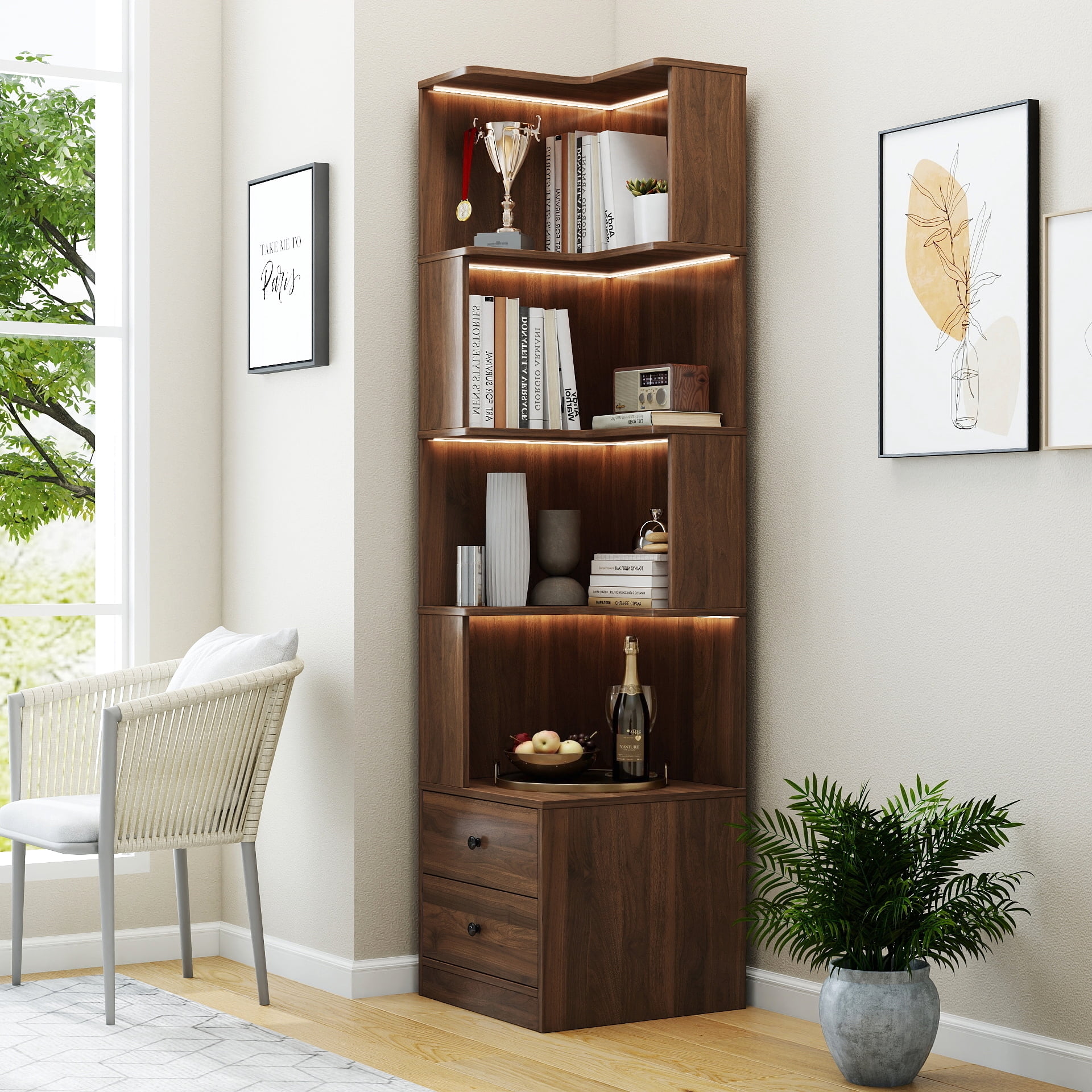 Corner Bookshelf 4-Tier L-Shaped Display Shelf with LED Lights for Home Office, Walnut