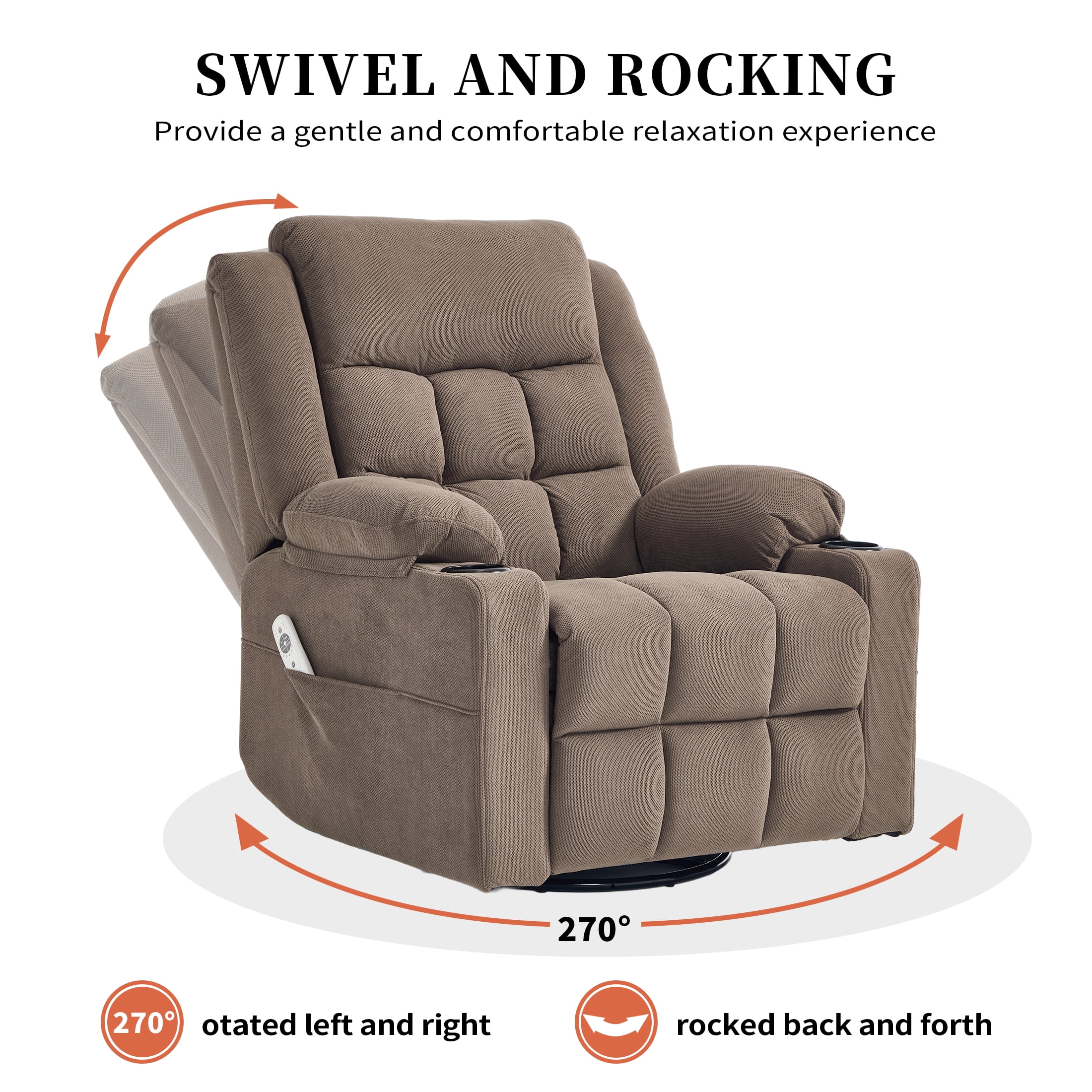 Swivel Rocker Recliner Chair for Adults with Massage and Heat, Cup Holders and Side Pockets, Glider Rocking Reclining Single Sofa Chair for Living Room (Coffee)