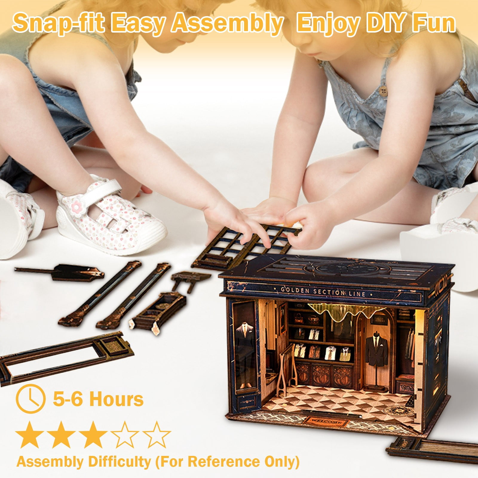 DIY Book Nook Kit - DIY Miniature Dollhouse Kit 3D Wooden Puzzles Gentleman's Clothing Store, Tiny House Bookshelf Decor with LED, Gift for Adults - Golden Section Line