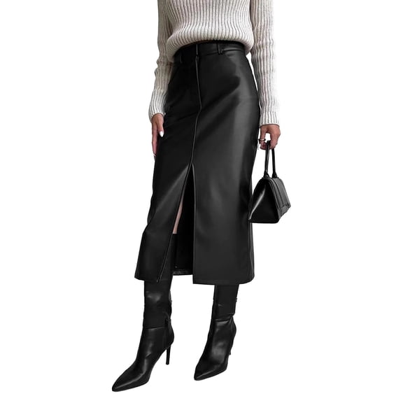 Quixlent Autumn Winter Retro Skirt Faux Leather High Waist Skirt with Side Slits Solid Color Windproof Midi Skirt