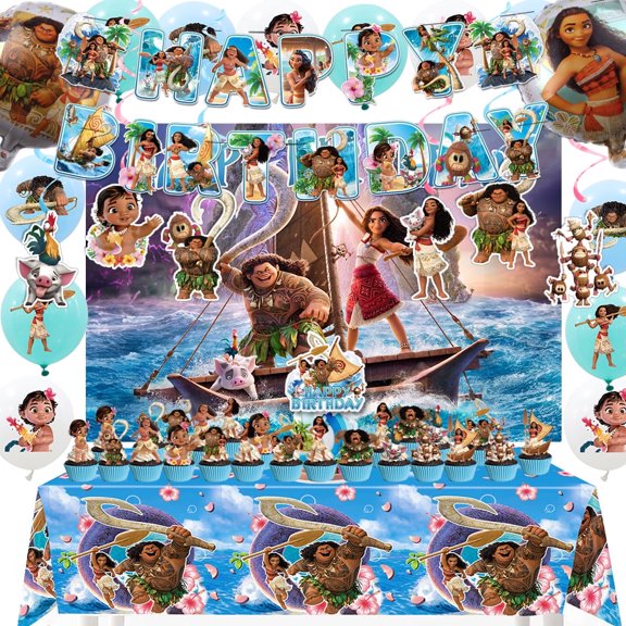 Moana Ocean Birthday Party Decorations Set Banner, Backdrop, Balloons, Hanging Swirls, Cake Cupcake Toppers, Tablecloth Cartoon Party Favors Party Supplies