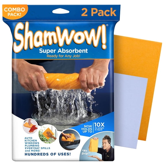 The Original Shamwow, Super Absorbent, Multi Purpose Cleaning Chamois Towel Cloth, 2 Pack, 1 Large Orange and 1 Small Blue