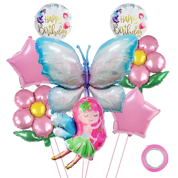 Pink Fairy Party Decorations, Butterfly Theme Party Birthday Decorations, 8PCS Gradient Pink Foil Balloons Including Butterfly Balloons, Star Balloons, Flower Balloons, Round Happy Birthday Balloons
