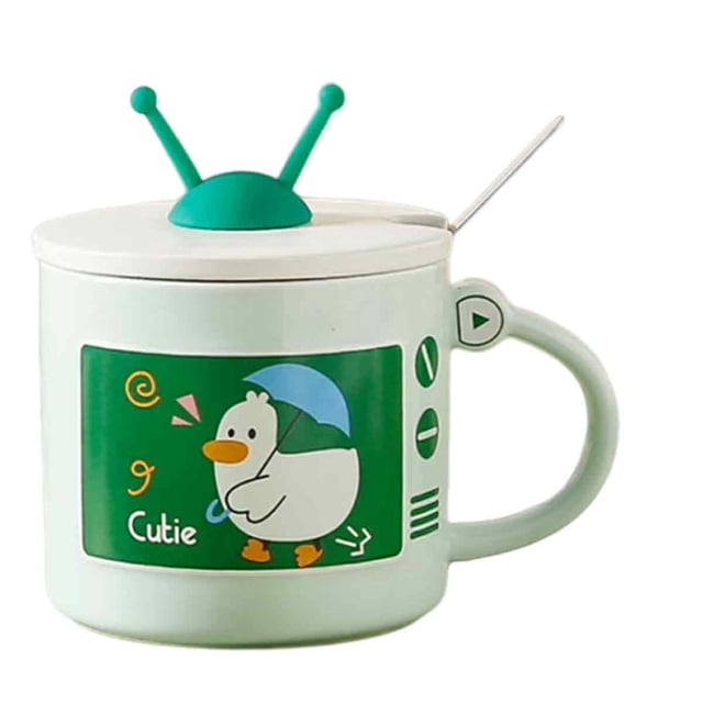 Taza con forma de TV de 350ml, taza con sentido de diseño de nicho, taza de agua creativa bonita con tapa, cuchara, taza de leche de cerámica de dibujos animados