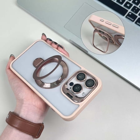 Slim Magnetic Case For iPhone 15, Translucent Matte Back with Metal Camera Guard, Built-in Ring Stand, MagSafe Compatible, Anti-Fingerprint Shockproof Bumper Shell, Pink