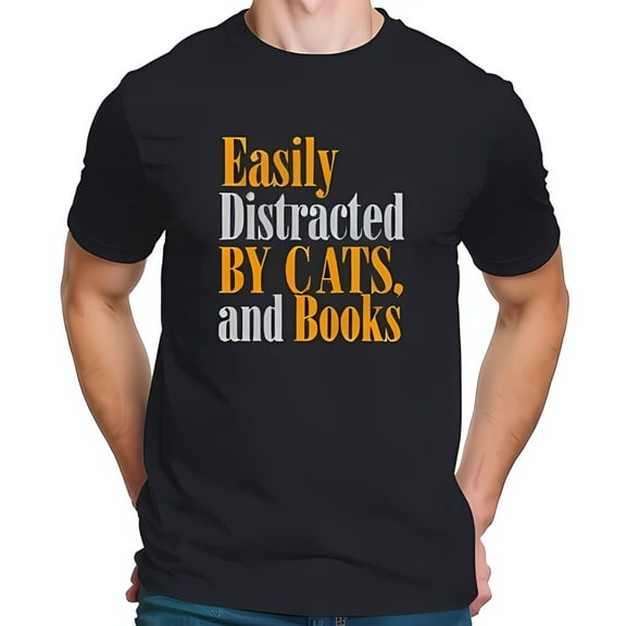 Easily Distracted BY CATS & BOOKS Graphic Cotton Short Sleeve T-Shirt for Cat Lovers
