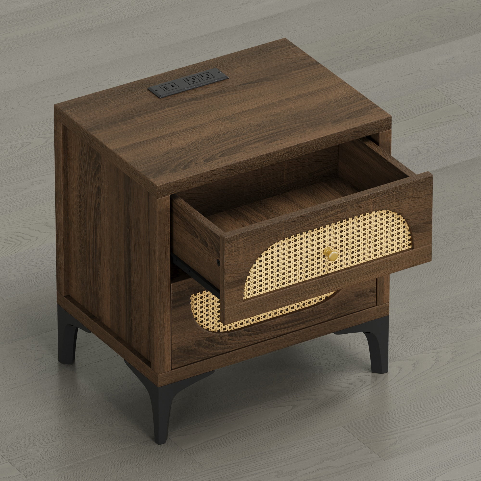 Spruce & Spring Boho Nightstands Set of 2, 2-Drawer End Tables with Charging Station, Rattan Front, Columbia Brown Wood Finish