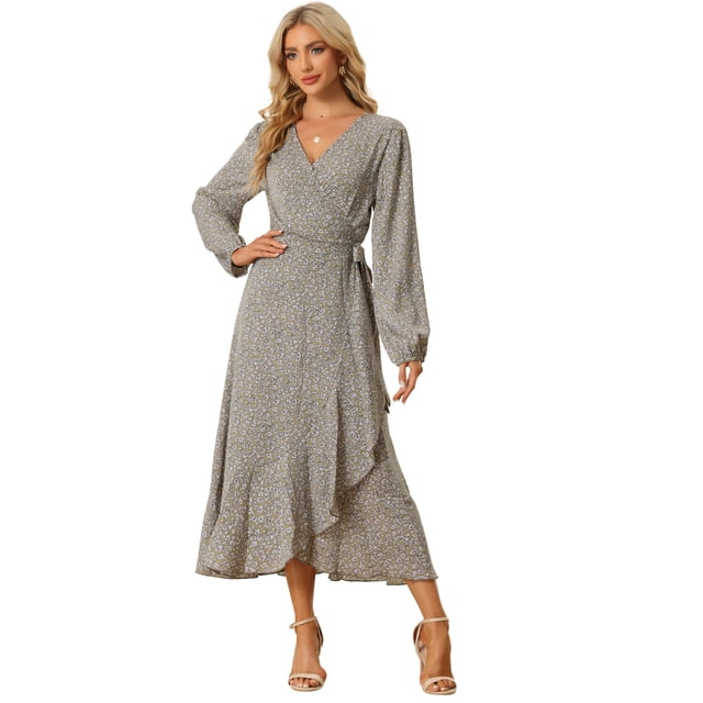 Vestido Largo Bohemio Floral de manga Larga con dobladillo Dividido y Volantes Allegra K Caqui L