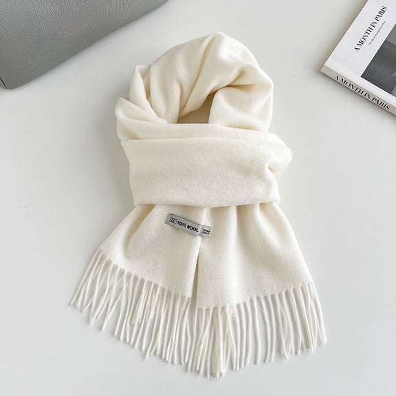 100% Pure Wool Scarf for Women & Men, 11 Color Soft & Warm Winter Wrap with Fringe,180*30cm,milky white