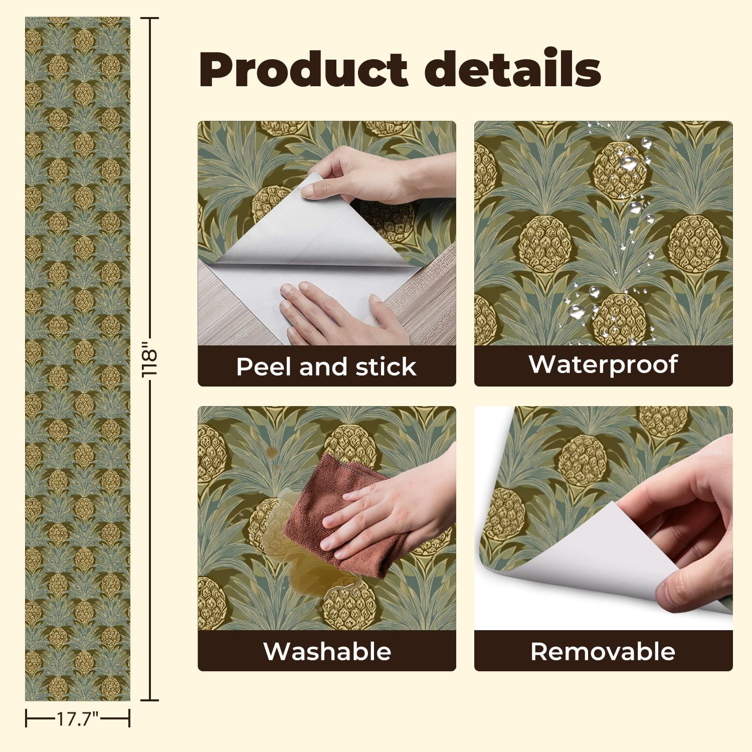 Peel and Stick Wallpaper Pineapple Tropical Botanical Olive Green Blue Wall Mural 17.7in x 9.8ft Self Adhesive Removable Wall Paper Renter Friendly Wallpaper for Nursery Bedroom Cabinets