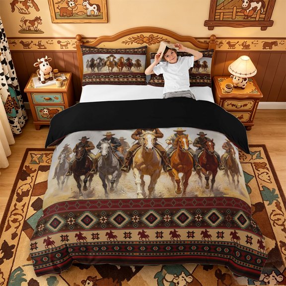meiyoeat Vintage Cowboy Horse Aztec Print Bedding For Boys,Rustic Western Pattern Duvet Cover Full,Reversible,3 Pieces,1 Duvet Cover and 2 Pillowcases