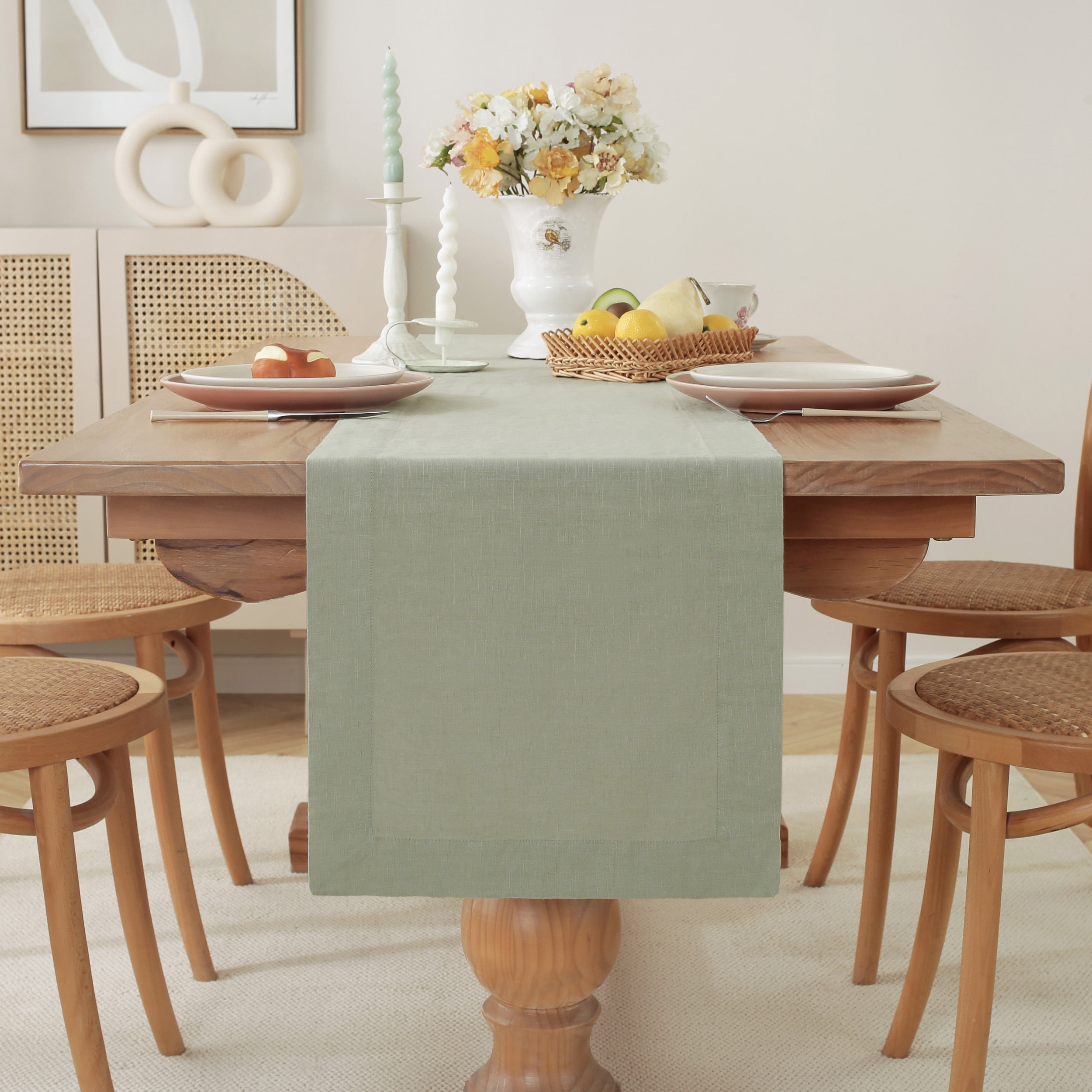 100% Pure Linen Natural Table Runner - 14x90 Inch French Linen Table Decor for Dining, Holidays, Christmas, and Weddings - Sage