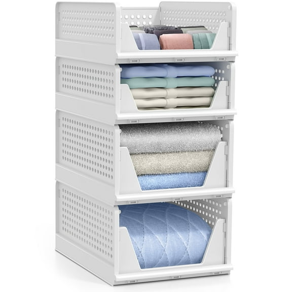 Sorbus 4 Pack Folding Closet Shelf Organizer for Clothes - Versatile Stackable Storage Baskets for Closet, Bathroom, Kitchen & Garage - Easy Access Open Front Design - Plastic Organizer Shelves