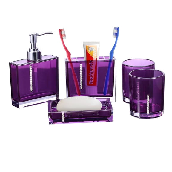 Zyyini Acrylic Bathroom Accessories Set,5 Pieces Bath Accessory Set with Soap Dish,Dispenser,Toothbrush Holder and Tumbler (Purple)