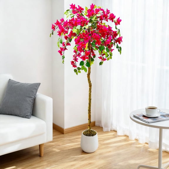 Ataucjin Artificial Bougainvillea Tree in White Pot Faux Blooming Plant,Large Pink Fake Trees with Flowers for Front Porch Home House Office Outdoor Garden Decorative,4/5/6FT