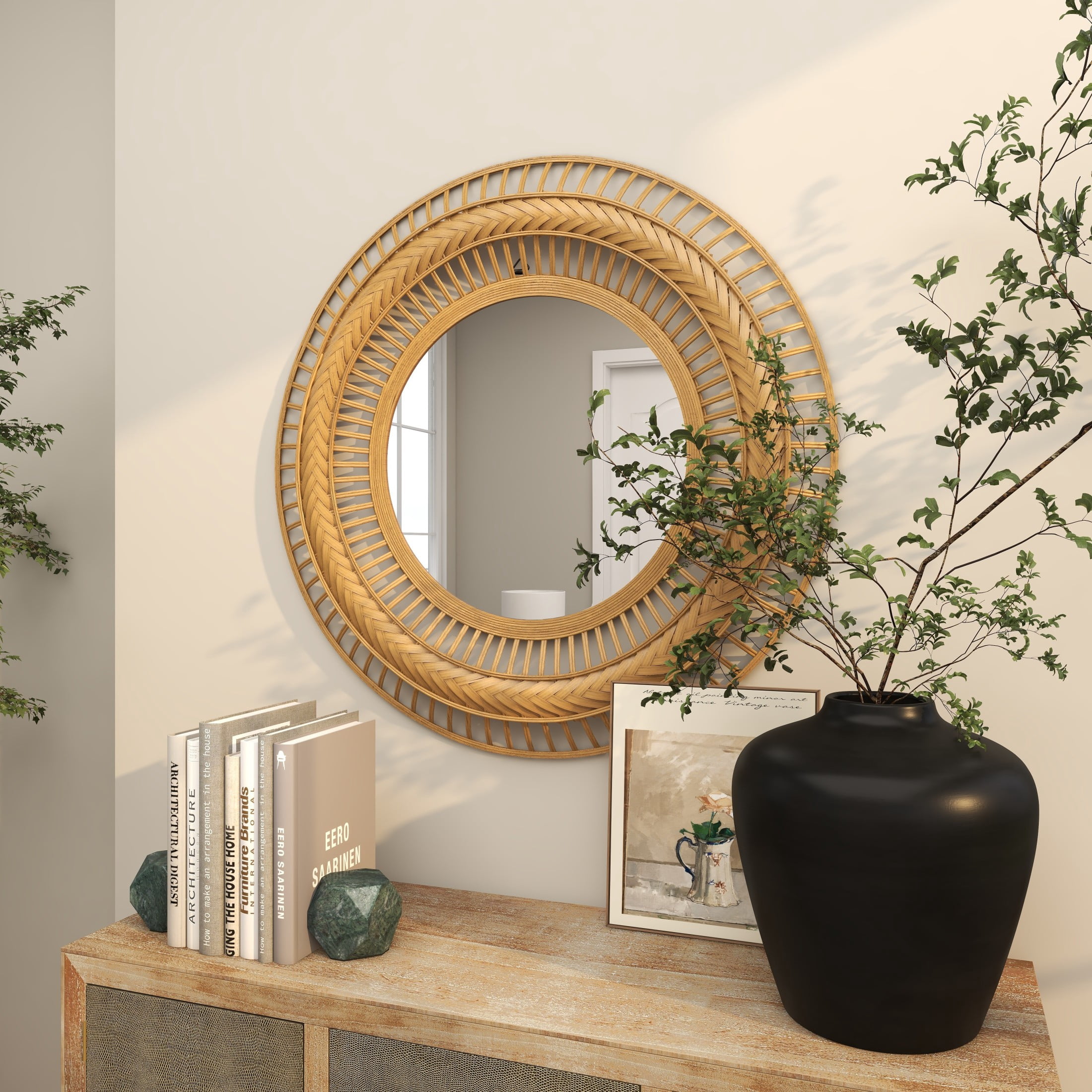 DecMode 36" x 36" Brown Handmade Open Frame Woven Wall Mirror