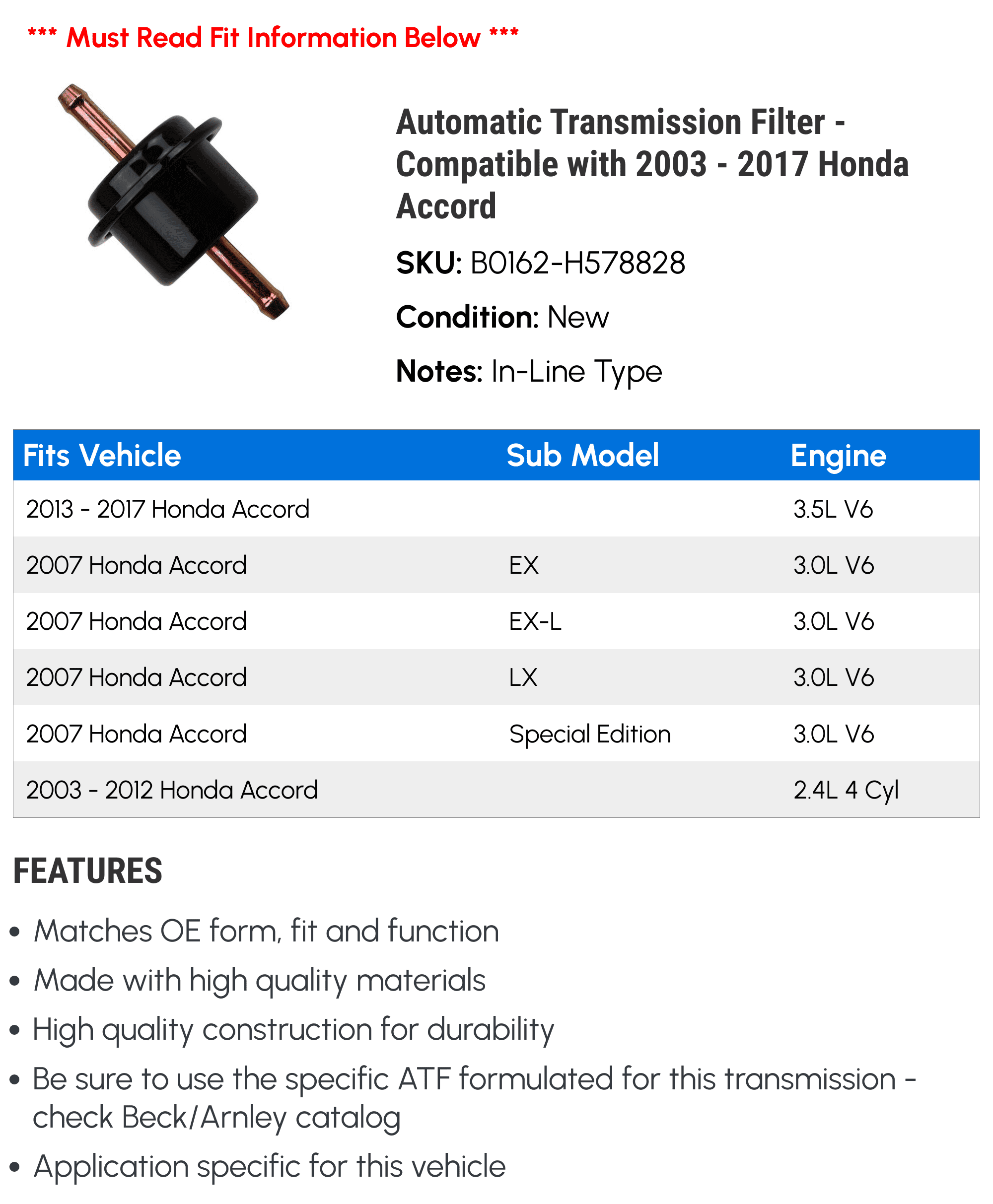 Automatic Transmission Filter - Compatible with 2003 - 2017 Honda Accord 2004 2005 2006 2007 2008 2009 2010 2011 2012 2013 2014 2015 2016