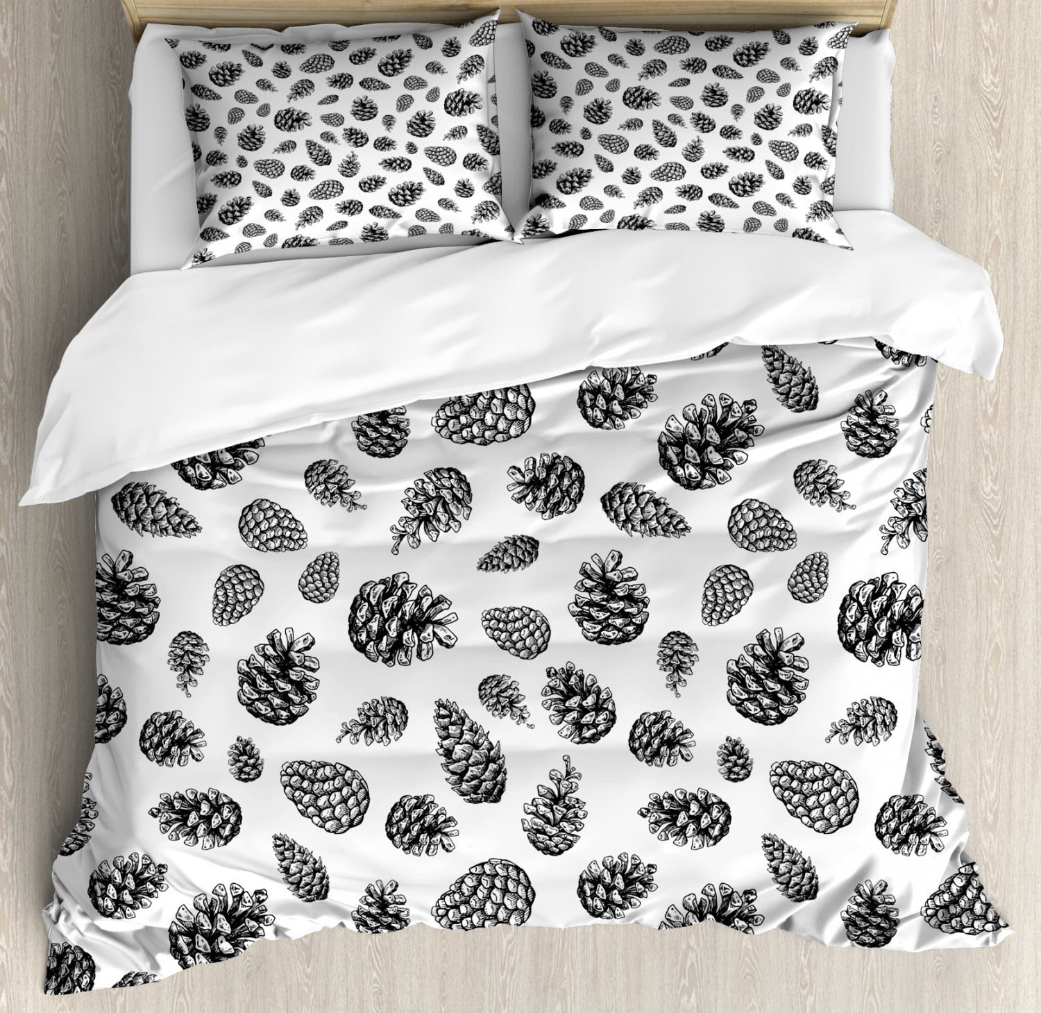 Pine Cone Duvet Cover Set King Size, Monochrome Tree Winter Conifers