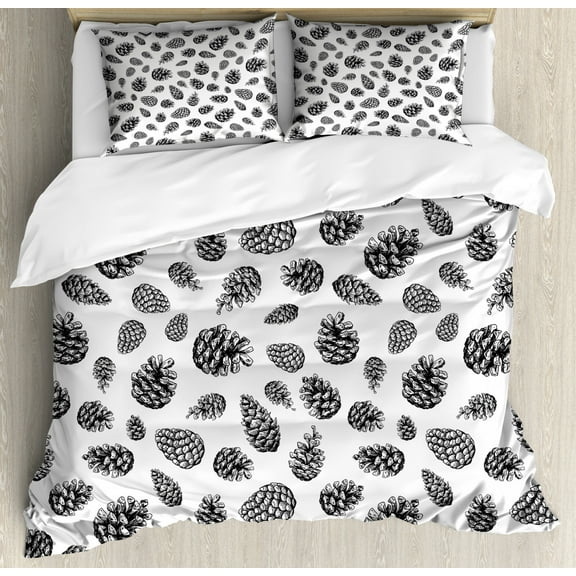 Pine Cone Duvet Cover Set King Size, Monochrome Tree Winter Conifers Engraved Forest Elements Christmas Motifs, Decorative 3 Piece Bedding Set with 2 Pillow Shams, Black and White, by Ambesonne