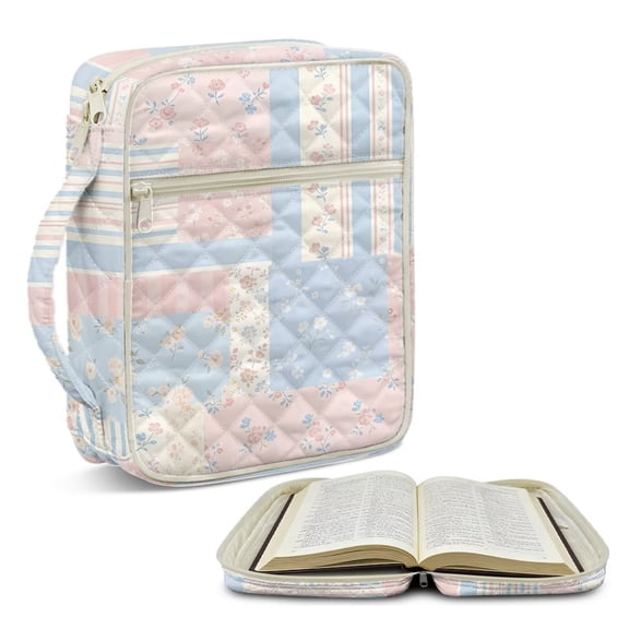 FOR U DESIGNS Flower Pink Blue Pttern Bible Cover Large Capacity Bible Holder Case with Handle Quilted Book Cover Bible Carrier Tote Bag for Bible Study/Daily Use
