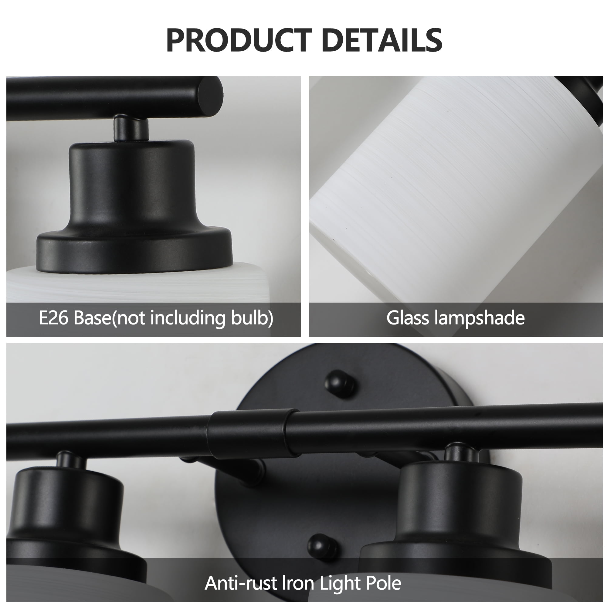 Miniyam 4-Light Modern Bathroom Vanity Light, Black Wall Fixture with Frosted Glass Shades