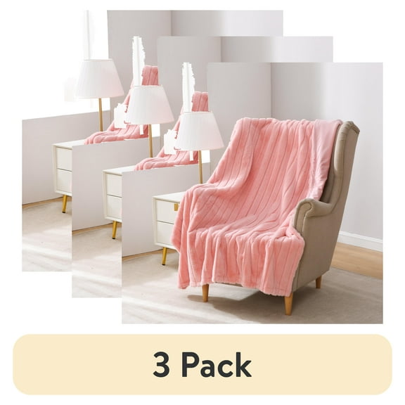(3 pack) Mainstays Pink Stripe Faux Fur Throw, 50" x 60", Adult/Teen