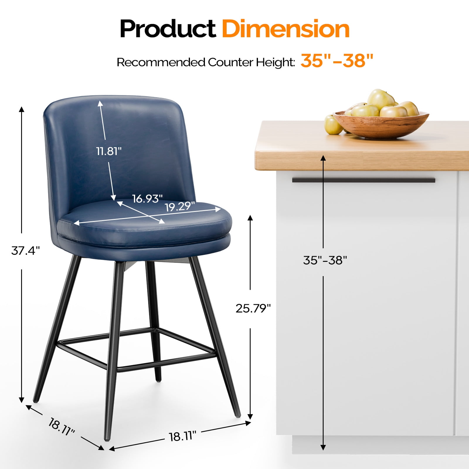 Zimtown Modern Barstools Set of 2, 26" Counter Height Swivel Bar Stools Set with Cushion for Kitchen Island, Dining Room, Bar Chairs, Dark Blue