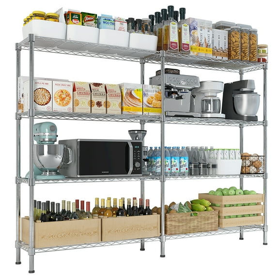 58-Inch Wide Adjustable Storage Shelving Unit, 4-Tier Heavy Duty Metal Wire Shelves, 1200lb Capacity NSF Certified Garage Shelving for Kitchen, Pantry, Commercial Use, Chrome