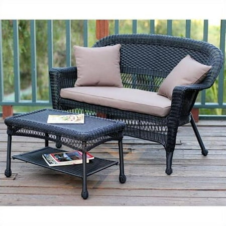 Jeco Wicker Patio Love Seat and Coffee Table Set in Black with Brown Cushion