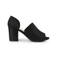 thumbnail image 3 of BLISSFUL STEP Denim Open Toe Chunky Heels Wide Heel Slide Mules Black 9, 3 of 6
