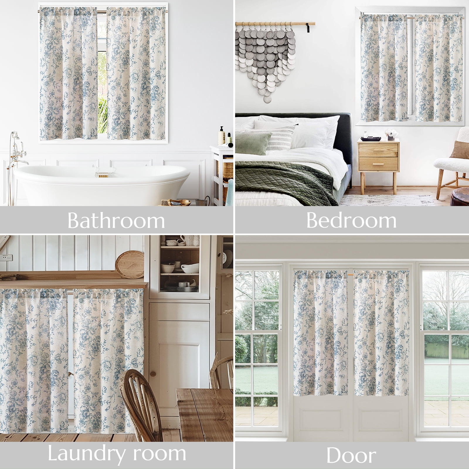 Curtainking Floral Kitchen Curtains Linen Cafe Curtains Rod Pocket Blue Curtains 26x45 inch Curtains for Living Room 2 Panels
