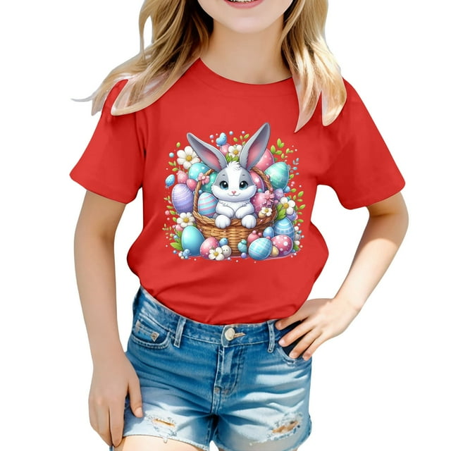 LUOGENLI T-Shirt pour Filles Enfants Pâques Graphique Coupe Ample Décontracté Manches Courtes Haut pour Garçons et Filles Maxi Chemises pour Filles Paquet Rouge 1-2 Ans