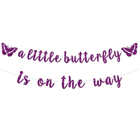 A Little Butterfly is on her Way Banner - Welcome Baby Bunting Sign, Baby Shower/Baby Announcement Party Decoration - Magic Theme Baby 1st Birthday Party Supplies, Purple Glitter