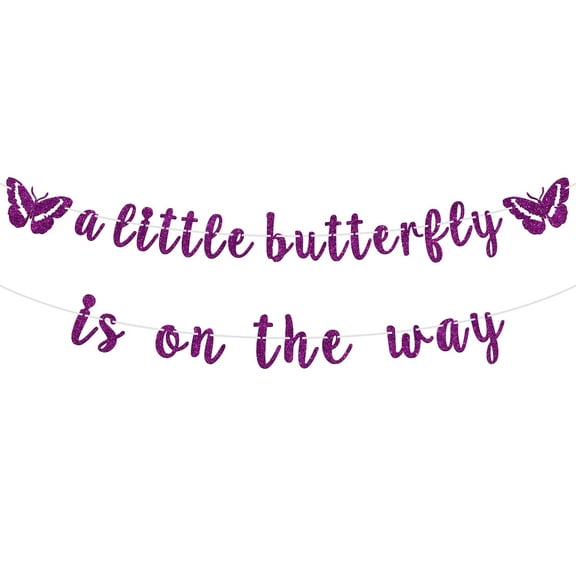 A Little Butterfly is on her Way Banner - Welcome Baby Bunting Sign, Baby Shower/Baby Announcement Party Decoration - Magic Theme Baby 1st Birthday Party Supplies, Purple Glitter