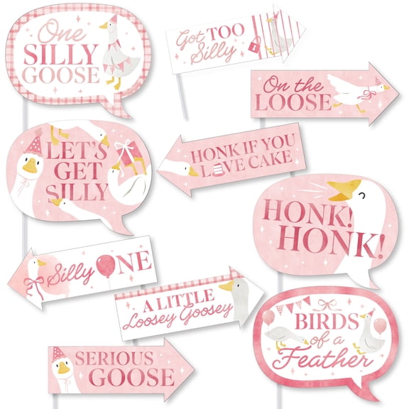 Big Dot of Happiness Funny One Silly Goose Pink Photo Booth Props Kit, Goose-Themed Puns for Girl 1st Birthday Party Supplies - 10 Count Selfie Prop Sticks