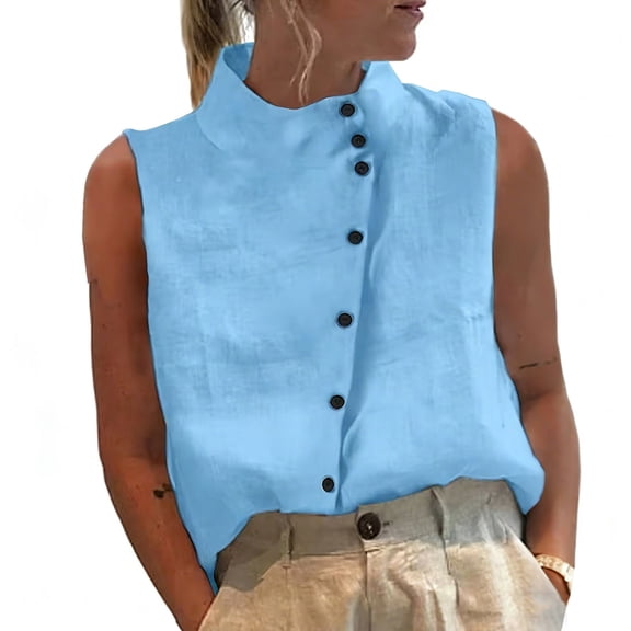 Button Down Tank Tops for Women Cotton High Neck Sleeveless Camisole Loose Fit Fashion Trendy Cami Dressy Casual Blouse Tops Going Out Tops 2026 Summer Beach Vacation Outfits