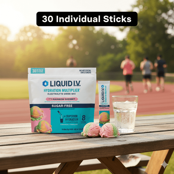 Liquid I.V. Hydration Multiplier, Sugar Free, Rainbow Sherbet, 30 Individual Serving Stick Packs in Resealable Pouch