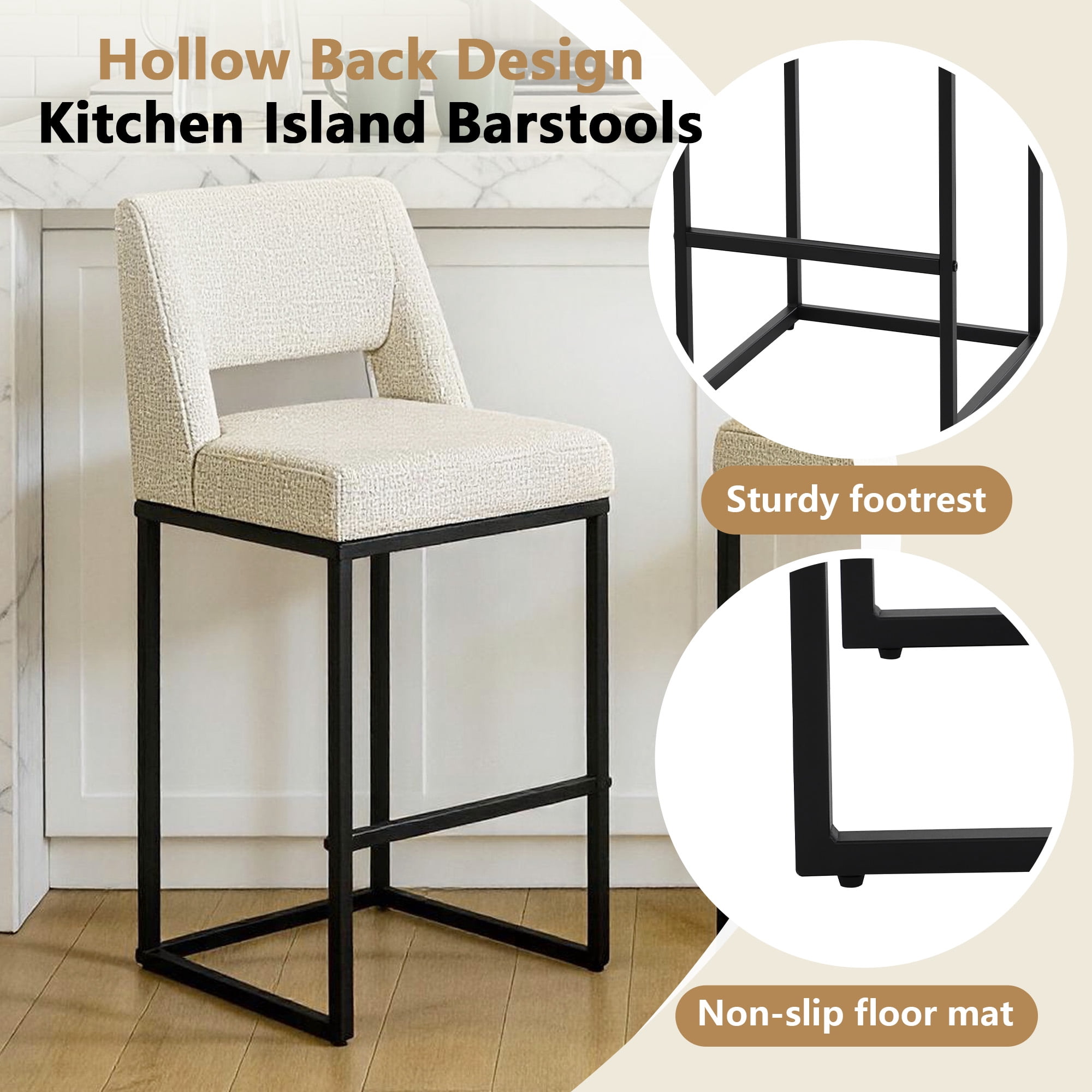 ClinQ Counter Height Bar Stools Set of 2, Hollow Back Kitchen Island Barstools, Upholstered Linen Fabric Counter Stools with Metal Frame, Beige